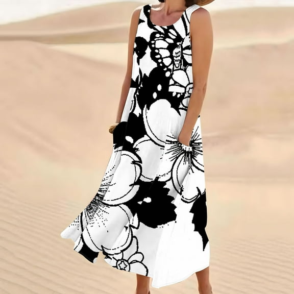 Viikei Womens Dresses Plus Size Spring,Women's Sleeveless and Linen Round Neck Printed Long Dress with Pocket Black XL