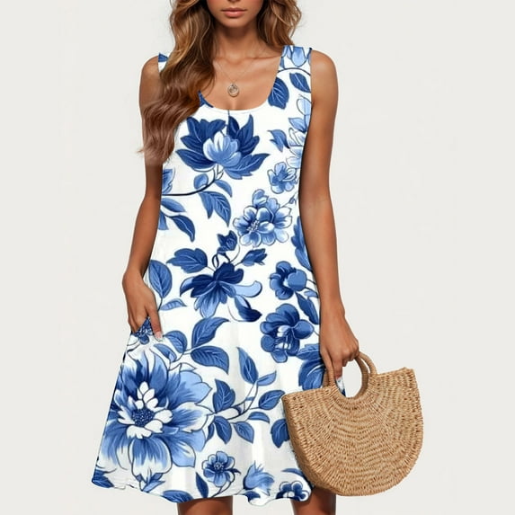 Viikei Womens Dresses Plus Size Spring,Women's Spring/Summer Casual Sleeveless Round Neck Fashion Floral Print Dress Sleeveless Round Neck Dress Multicolor L