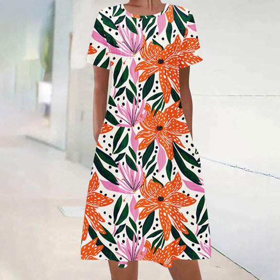 Viikei Womens Dresses Plus Size Spring,Women's Summer Boho Short Sleeve Dress,Women's Summer Bohemian Print Short Sleeve Beach Dress Knee Length Dress Orange XL