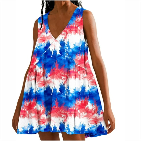 Viikei Womens Dresses Plus Size Spring,Women's Tie Printed Casual Loose Pleated Sleeveless V-neck Dress with Pockets Multicolor XL