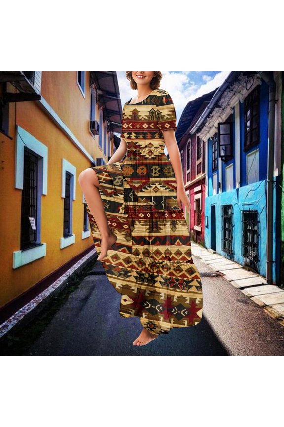Womens Dresses Plus Size Spring,Women's Tiered Ruffle Short Sleeve Dress,Women's Ethnic Style Casual Bohemian Floral Dresses for Women Puff Short Sleeve Long Maxi Dress Multicolor S