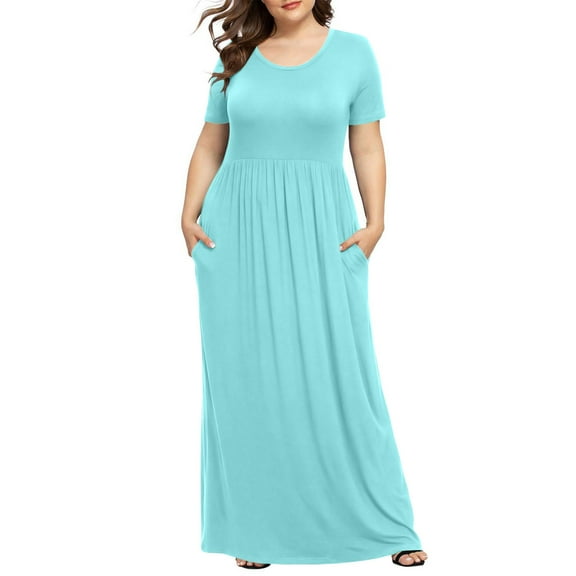 Viikei Womens Dresses Plus Size Spring,Women's Tiered Ruffle Short Sleeve Dress,Women's Plus Solid Color Casual Short Sleeve Round Neck Pleated Pocket and Ankle Dress Mint Green XXXL
