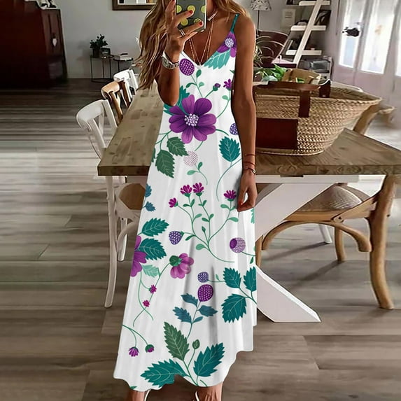 Viikei Womens Dresses Plus Size,Summer Dresses,Women's Summer Fashion Ethnic Style Printed V-neck Sleeveless Strap Dress White L