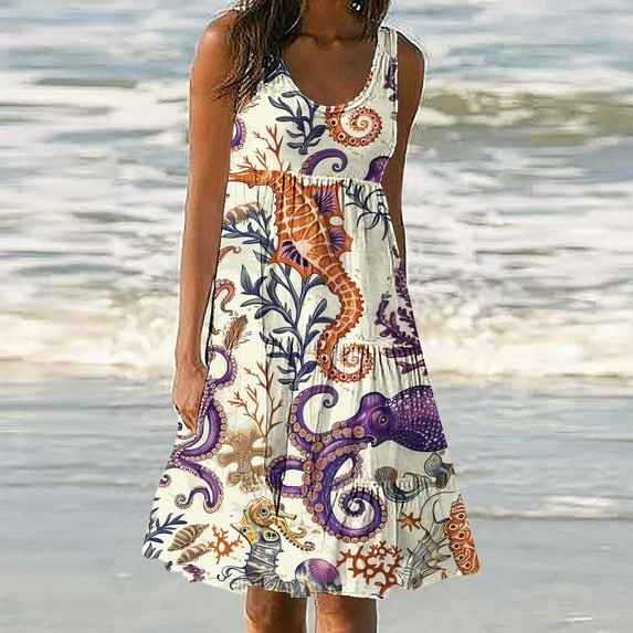 Viikei Womens Dresses Plus Size,Summer Dresses Clearance,Womens Fashion Holiday Summer Casual Printing Sleeveless Party Beach Loose Dress White L