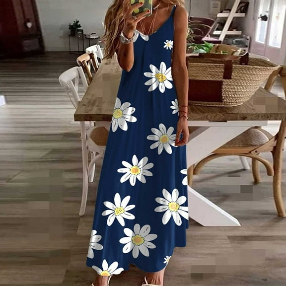 Viikei Womens Dresses Plus Size Summer,Fashion Women Summer Casual Solid V-Neck Camis Sleeveless Long Dress Blue XXL