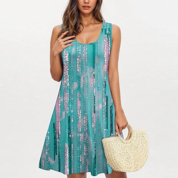 Viikei Womens Dresses Plus Size Summer,Fashion Women's Casual Printed Pocket Sleeveless Round Neck Dress Blue XXL