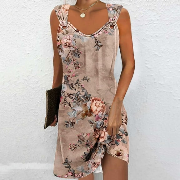 Viikei Womens Dresses Plus Size Summer,Flowy Chiffon Short Sleeve Dress,Women's Casual Versatile Printed V Neck Casual Sleeveless Suspender Dress Pink S