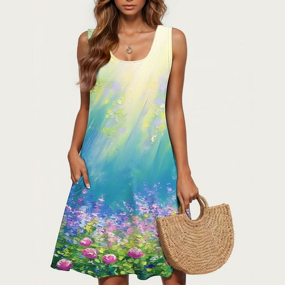 Viikei Womens Dresses Plus Size Summer,Ladies' Fashion Trend Floral Print Sleeveless Round Neck Knee Length Skirt Multicolor M