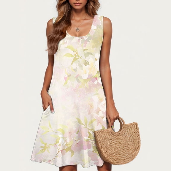 Viikei Womens Dresses Plus Size Summer,Ladies' Fashion Trend Floral Print Sleeveless Round Neck Knee Length Skirt Multicolor S