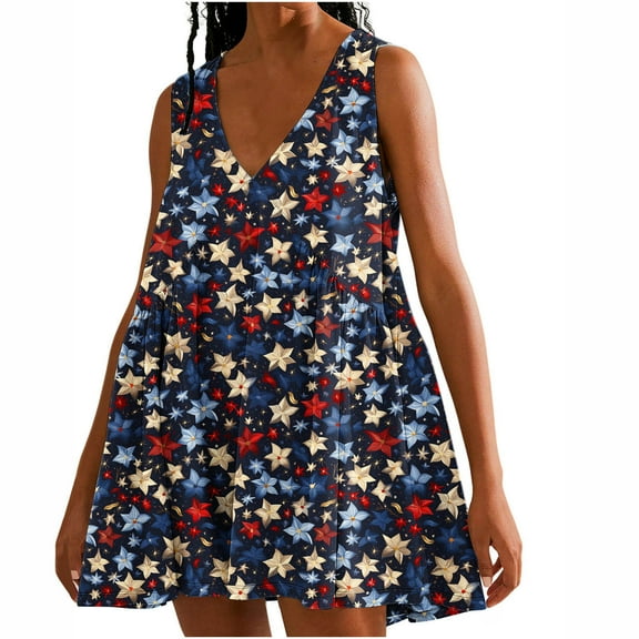 Viikei Womens Dresses Plus Size Summer,New Women's Casual Loose V-neck Sleeveless Printed Short Dress Blue XXL