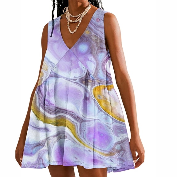 Viikei Womens Dresses Plus Size Summer,Sundresses for Women Casual Summer,Women Casual Loose Summer Print Pleated Sleeveeless V-Neck Dress with Pocket Purple S