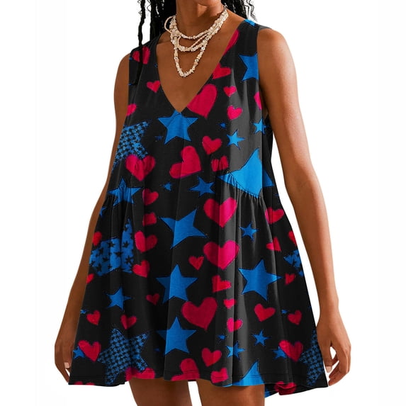 Viikei Womens Dresses Plus Size Summer,Sundresses for Women Casual Summer,Women's Summer Print Casual Loose Sleevless V-Neck Dress Black S