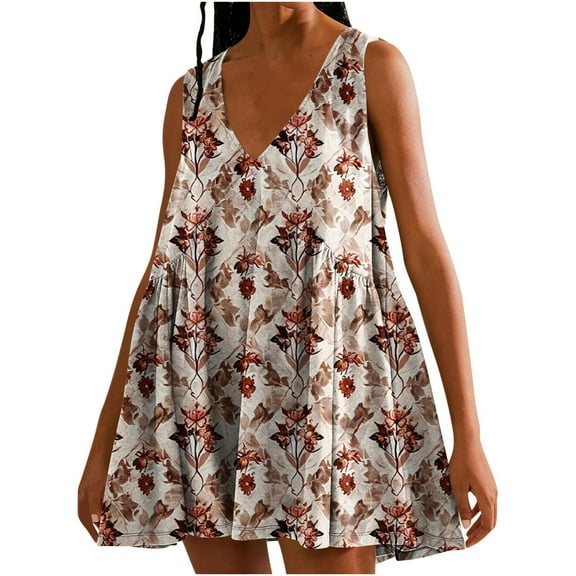 Viikei Womens Dresses Plus Size Summer,Sundresses for Women Casual Summer,Women's Summer Print Casual Loose Sleevless V-Neck Dress Pink XL