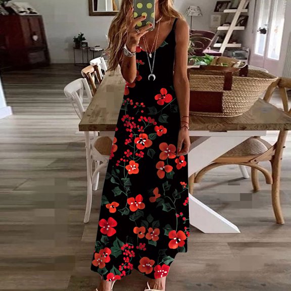 Viikei Womens Dresses Plus Size Summer,Sundresses for Women Casual Summer,Women's Summer Print Casual Loose Sleevless V-Neck Dress Red S