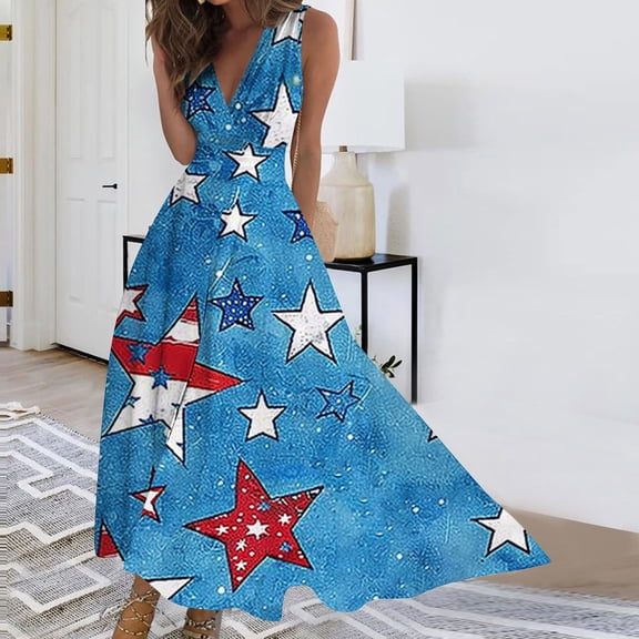 Viikei Womens Dresses Plus Size Summer,Sundresses for Women Casual Summer,Women's Summer Print Casual Loose Sleevless V-Neck Dress Sky Blue S