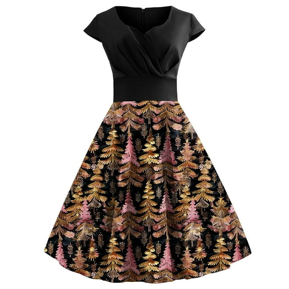 Viikei Womens Dresses Plus Size Summer,Women's Bodycon Short Sleeve Dress,Ladies' Style Slim Christmas Printed Short Sleeved Round Neck Dress Black S