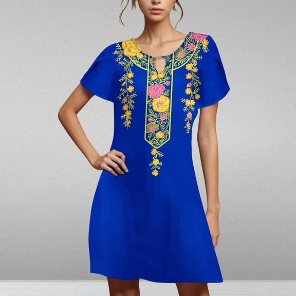 Viikei Womens Dresses Plus Size Summer,Women's Casual Loose Summer Printed Short Sleeved Dress Blue S