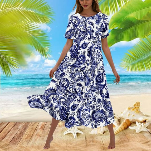 Viikei Womens Dresses Plus Size Summer,Women's Party Short Sleeve Dress,Women's Flower Printing Casual Short Sleeve Crewneck Dress Casual Flowy Tiered Maxi Beach Dress Blue L