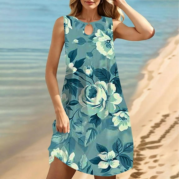 Viikei Womens Dresses Plus Size Summer,Women's Round Neck Sleeveless Gradient Tie Dyed Beach Dress Light Blue S