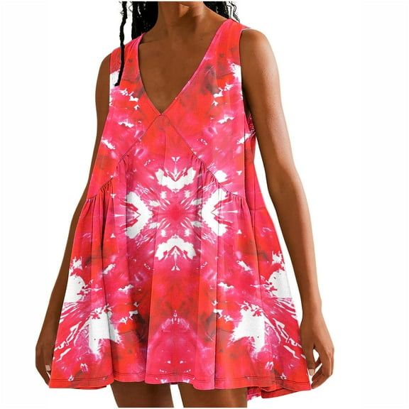 Viikei Womens Dresses Plus Size Summer,Women's Tie Printed Casual Loose Pleated Sleeveless V-neck Dress with Pockets Multicolor L