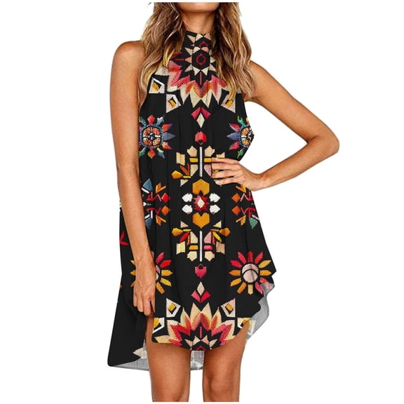 Viikei Womens Dresses Plus Size Summer,Women's Vintage Print Print Dress Sleeveless Round Neck Knee-length Dress Black M