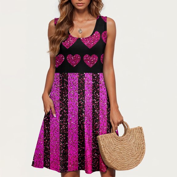 Viikei Womens Dresses Plus Size,Valentine's Day Women Casual Plus-size Sleeveless Crew Neck Print Short Dress Black XXL