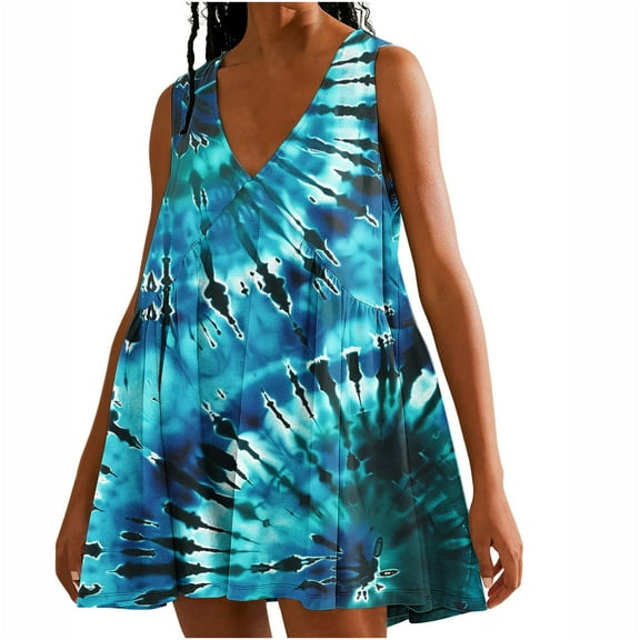 Viikei Womens Dresses Plus Size,Women's Tie Printed Casual Loose Pleated Sleeveless V-neck Dress with Pockets Multicolor S