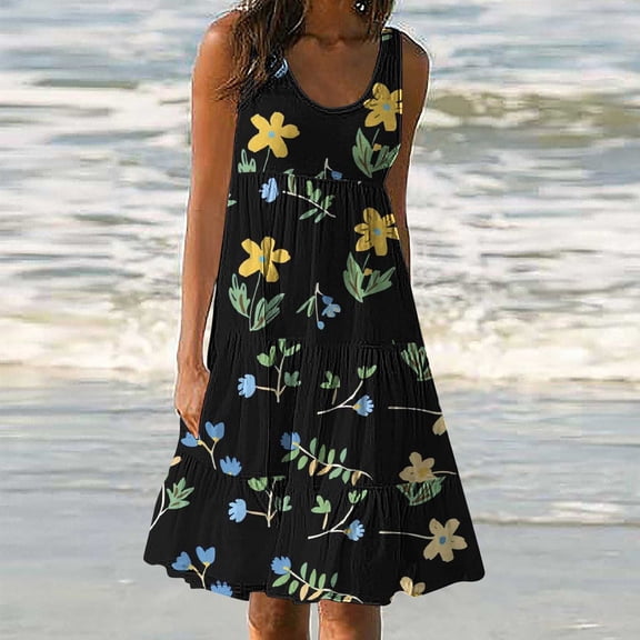 Viikei Womens Dresses Plus Size,Womens Fashion Holiday Summer Casual Printing Sleeveless Party Beach Loose Dress Navy XL