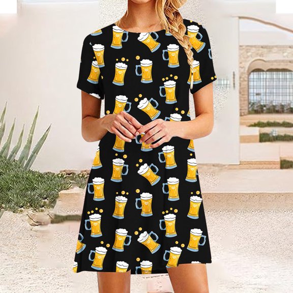 Viikei Womens Dresses Plus Size formal,Women's Casual Tunic Short Sleeve Dress,Women's Short Sleeved Dress with Floral Print Round Neck Dress Black M