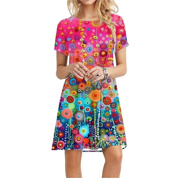 Viikei Womens Dresses Plus Size formal,Women's Party Short Sleeve Dress,Women's Short Sleeved Dress with Floral Print Round Neck Dress Multicolor XXL