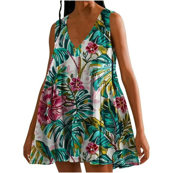 Viikei Womens Dresses Short Sleeve Casual Summer,Dresses for Women,Women's Summer Print Casual Loose Sleevless V-Neck Dress Green S