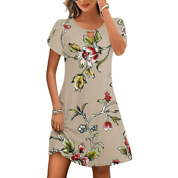 Viikei Womens Dresses Short Sleeve Casual Summer,Modern Wrap Short Sleeve Dress,Women's Casual Loose Summer Printed Short Sleeved Dress Beige XXL