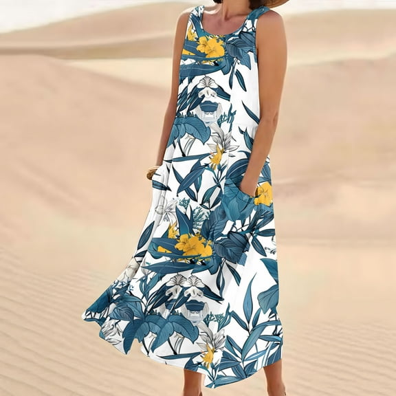 Viikei Womens Dresses Short Sleeve Casual Summer,New Women's Sleeveless and Linen Round Neck Printed Long Dress Navy S