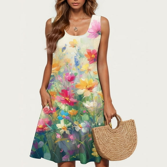 Viikei Womens Dresses Short Sleeve Casual Summer,Plus Size Summer Maxi Dress for Women,Ladies' Fashion Trend Floral Print Sleeveless Round Neck Knee Length Skirt Multicolor S