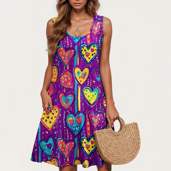 Viikei Womens Dresses Short Sleeve Casual Summer,Plus Size Summer Maxi Dress for Women,Valentine's Day Women Casual Plus-size Sleeveless Crew Neck Print Short Dress Purple M