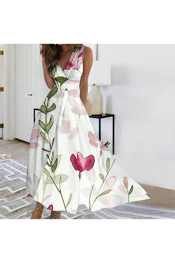 Womens Dresses Short Sleeve Casual Summer,Plus Size Summer Maxi Dress for Women,Women's Spring/Summer Sleeveless Color V-Neck Wrapped Chest Dress Long Dress White S