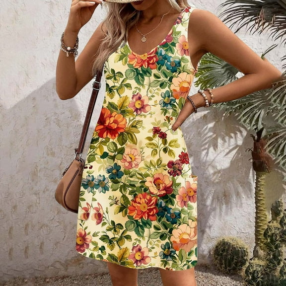 Viikei Womens Dresses Short Sleeve Casual Summer,Women's Pleated Short Sleeve Dress,New Women's Casual Loose V-neck Sleeveless Printed Short Dress Multicolor S
