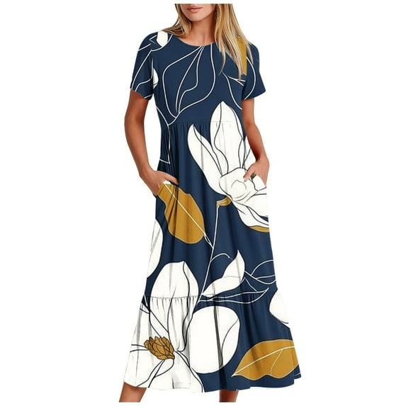 Viikei Womens Dresses Short Sleeve Casual Summer,Women's Pleated Short Sleeve Dress,Women's Summer Casual Short Sleeve Crewneck Dress Casual Flowy Tiered Maxi Beach Dress with Pockets Dark Blue L