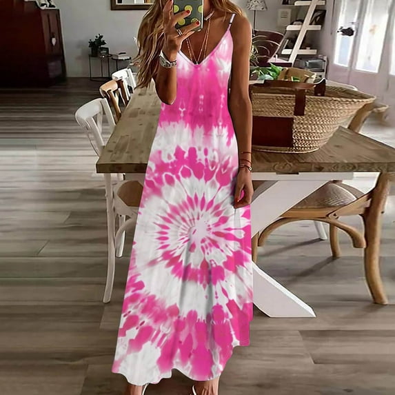 Viikei Womens Dresses Summer Clearance,Fashion Women Summer Casual Solid V-Neck Camis Sleeveless Long Dress Pink XXL