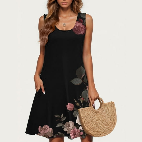 Viikei Womens Dresses Summer Clearance,Ladies' Fashion Trend Floral Print Sleeveless Round Neck Knee Length Skirt Multicolor M