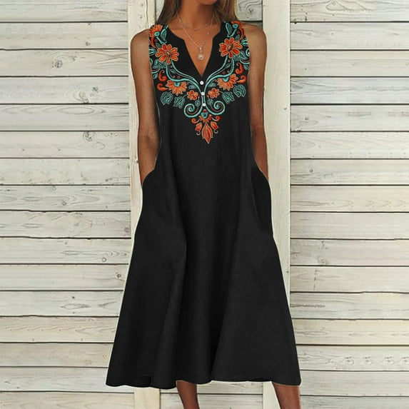 Viikei Womens Dresses Summer Clearance,New Women's V-neck Button Button Sleeveless Printed Long Dress Black S