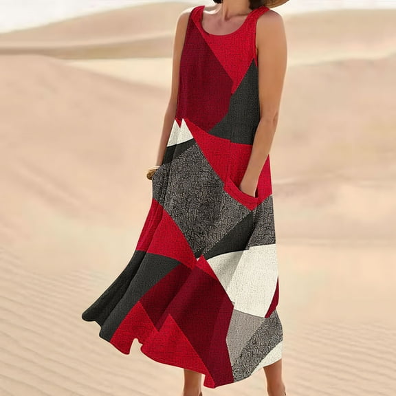 Viikei Womens Dresses Summer,Plus Size Summer Maxi Dress for Women,New Women's Sleeveless and Linen Round Neck Printed Long Dress Red XXL