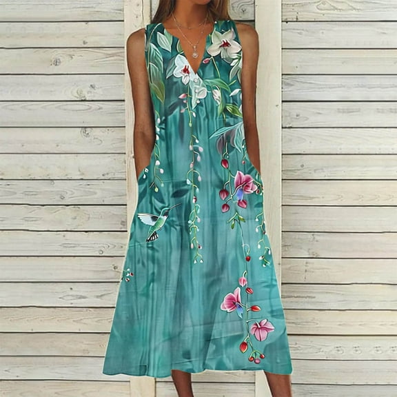 Viikei Womens Dresses Summer,Women's Casual Slip Short Sleeve Dress,New Women's V-neck Button Button Sleeveless Printed Long Dress Blue L