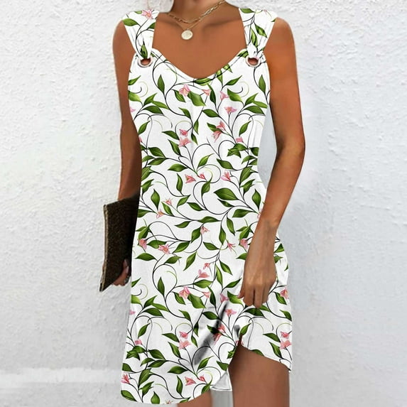 Viikei Womens Dresses Summer Clearance,Women's Casual Slip Short Sleeve Dress,Women's Casual Versatile Printed V Neck Casual Sleeveless Suspender Dress Green S