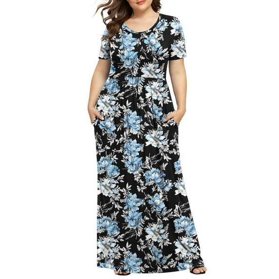 Viikei Womens Dresses Summer Clearance,Women's Plus Printed Casual Short Sleeve Round Neck Pleated Pocket and Ankle Dress Black XXL