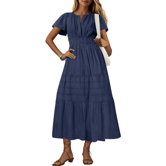 Viikei Womens Dresses Summer Clearance,Women's Solid Short Sleeve V-Neck Pleated Dresses Long Dress Midi Maxi Dresses Elastic Waist Boho Beach Dress Pockets Navy L