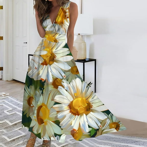 Viikei Womens Dresses Summer,Women's Summer Print Casual Loose Sleevless V-Neck Dress Yellow XXL