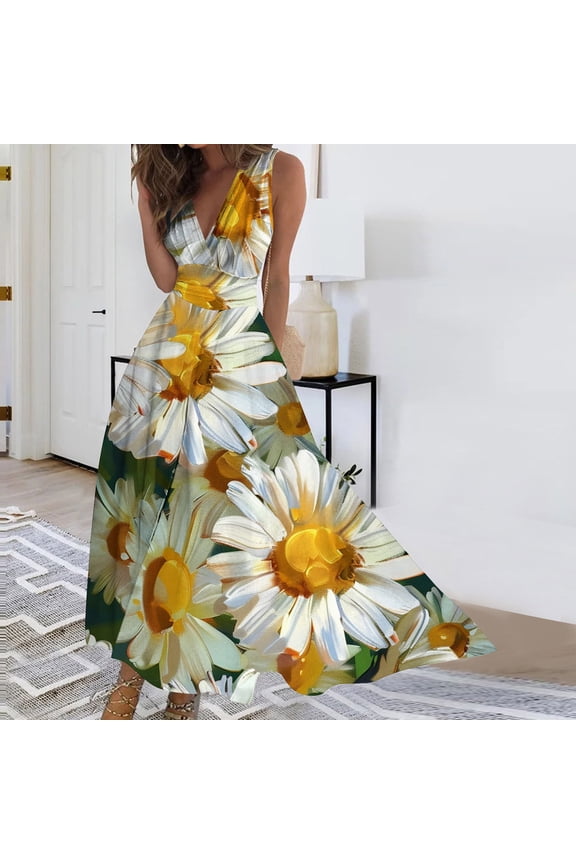 Womens Dresses Summer,Women's Summer Print Casual Loose Sleevless V-Neck Dress Yellow XXL