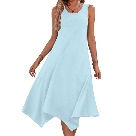 Viikei Women Dress Summer Maxi Dresses,Womens Dresses Sleeveless Round Neck Drawstring Casual Ruffle A-Line Mini Dress Light Blue XXL