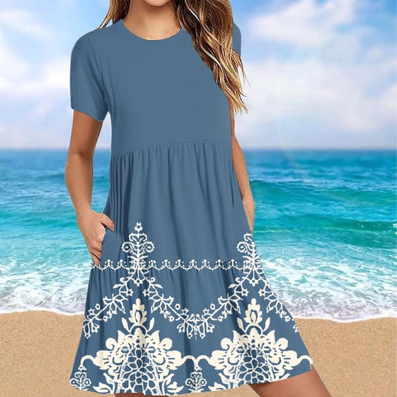 Viikei Womens Dresses Summer,Elegant Pleated Short Sleeve Dress,Fashion Women's Summer Casual Short Sleeve Round-Neck Knee-High Pocket Dress Blue L